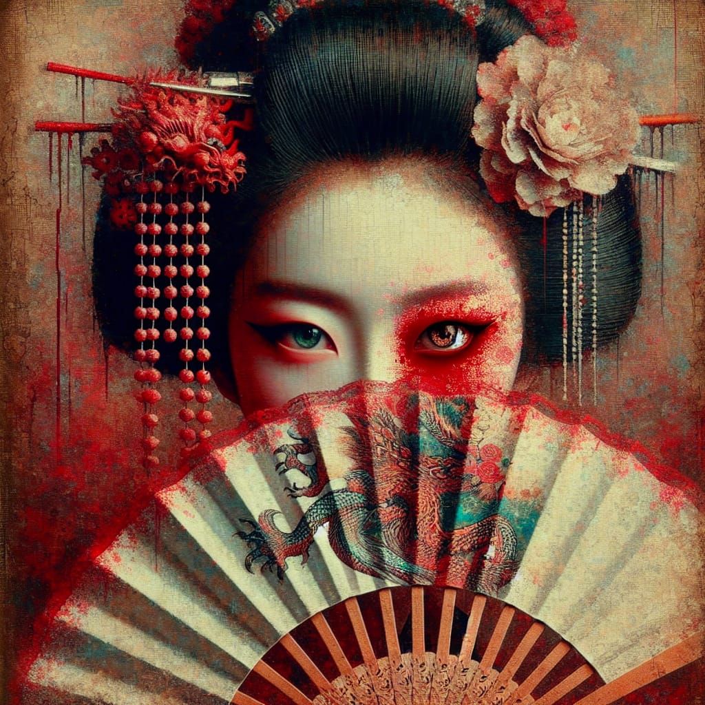 Geisha Portrait with Dragon Fan in Impressionistic Style