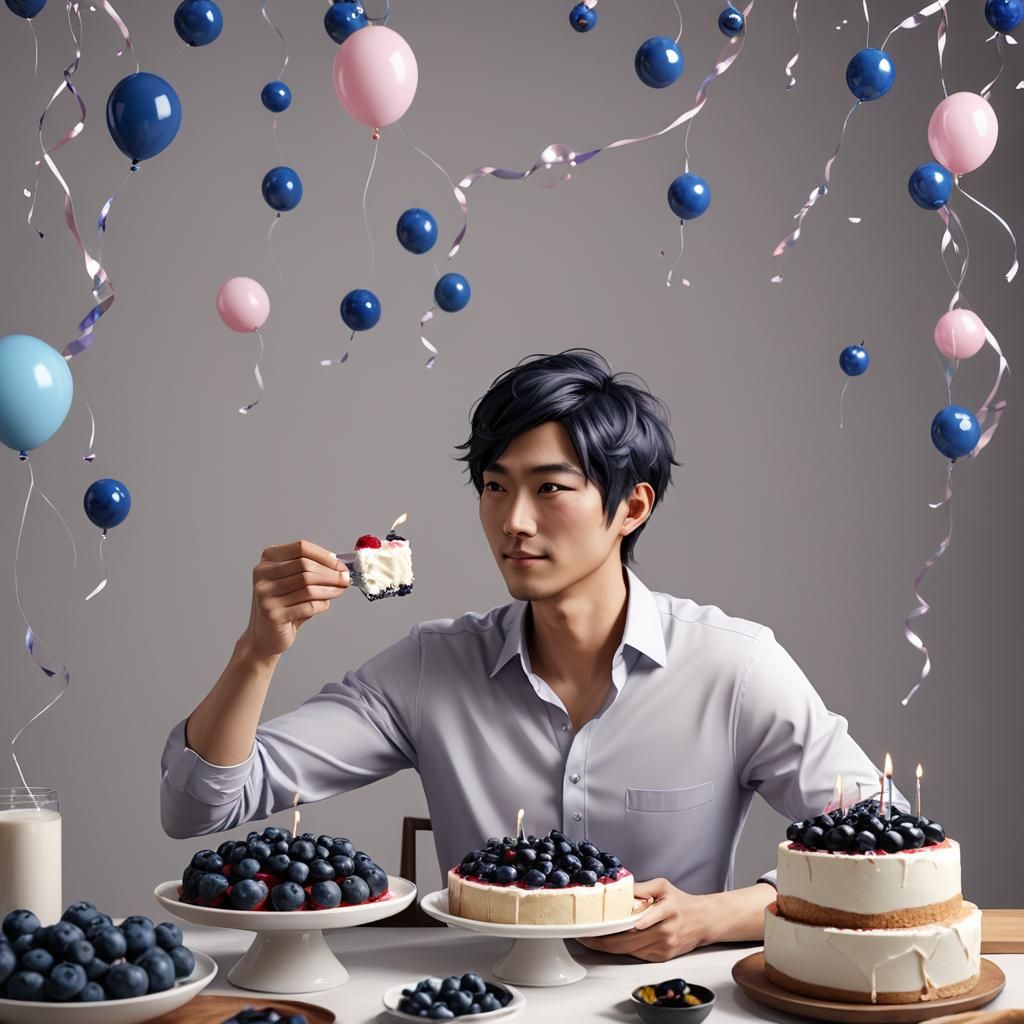 Asian Man Celebrates Birthday with Cake in Anime Style