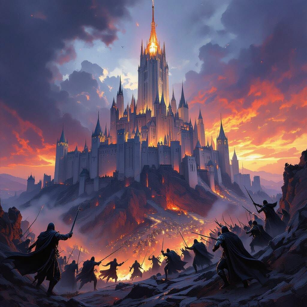 Epic Siege of Minas Tirith Under Stormy Twilight