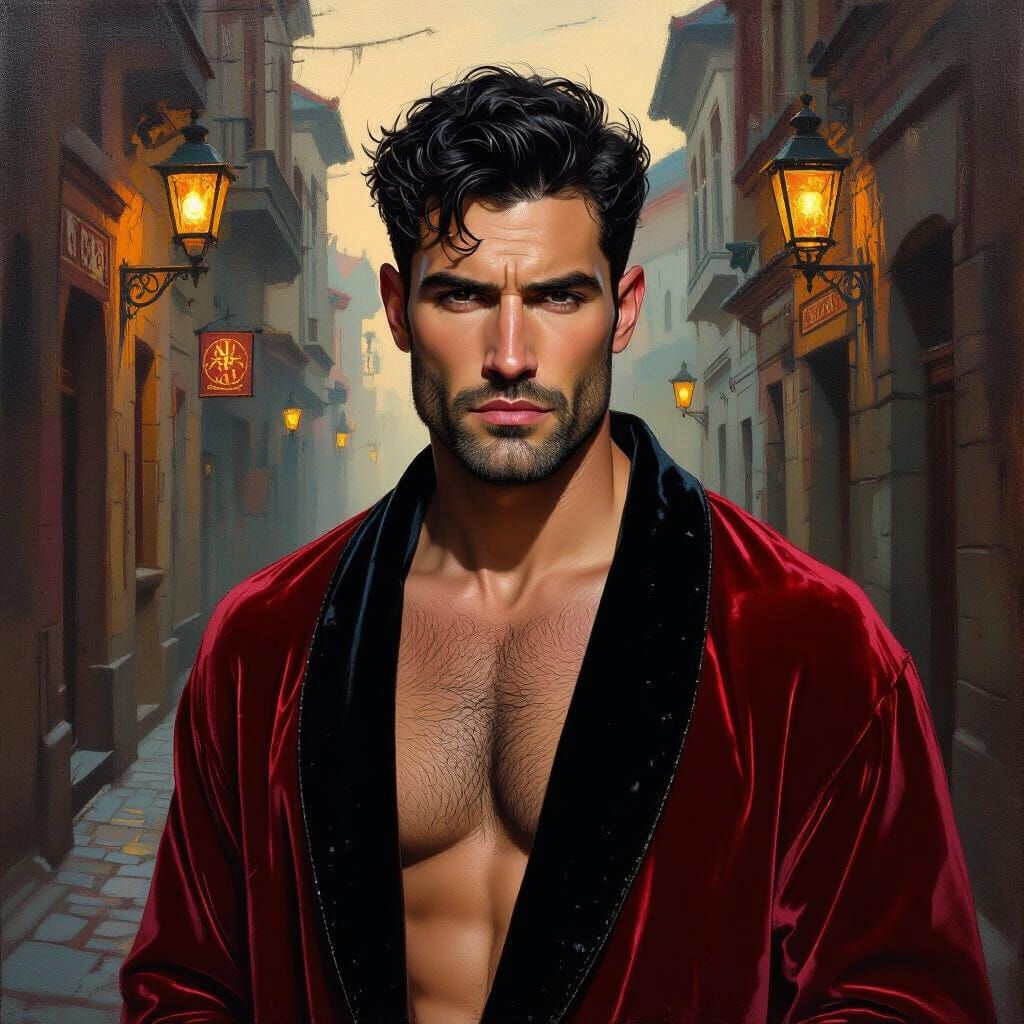 Wrathful Man in Velvet Robe: Expressive Portrait