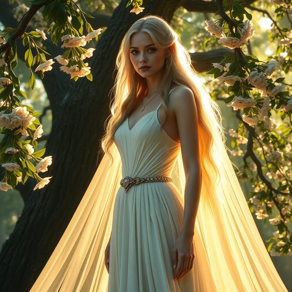 Ethereal Galadriel in Lothlórien with Soft Lighting