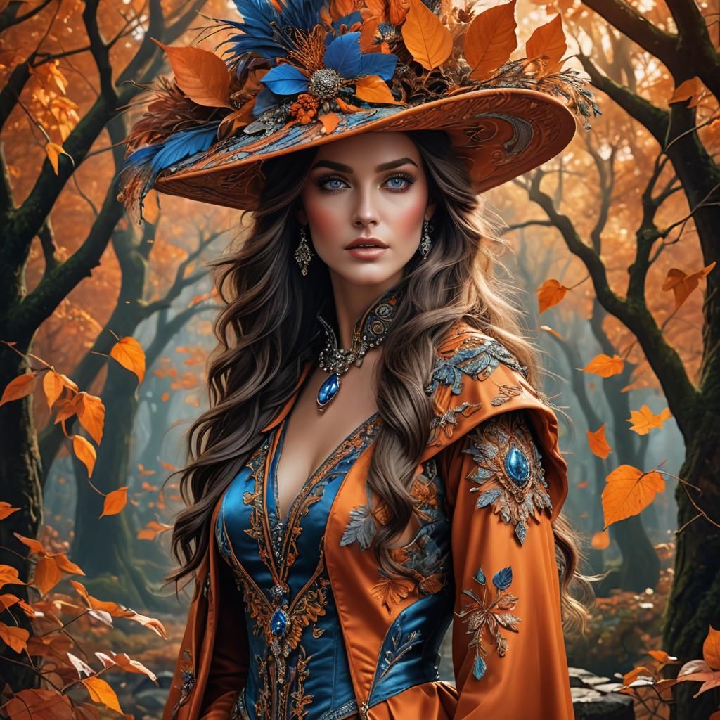Autumn Romance: Brunette in Orange, Photorealistic Scene