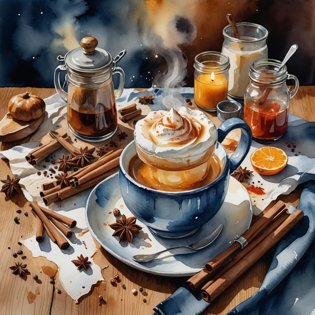 Cozy Autumn Beverage in Watercolor Style