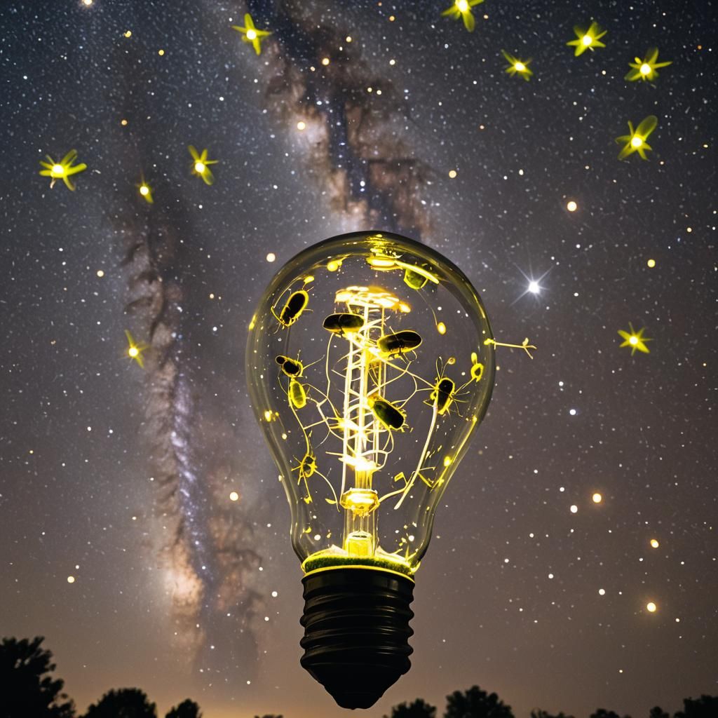Fireflies in Lightbulb Under Starry Night Sky