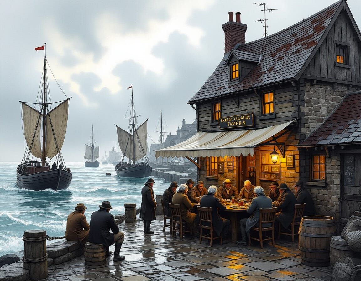 19th Century Seaside Tavern with Sailors and Boats