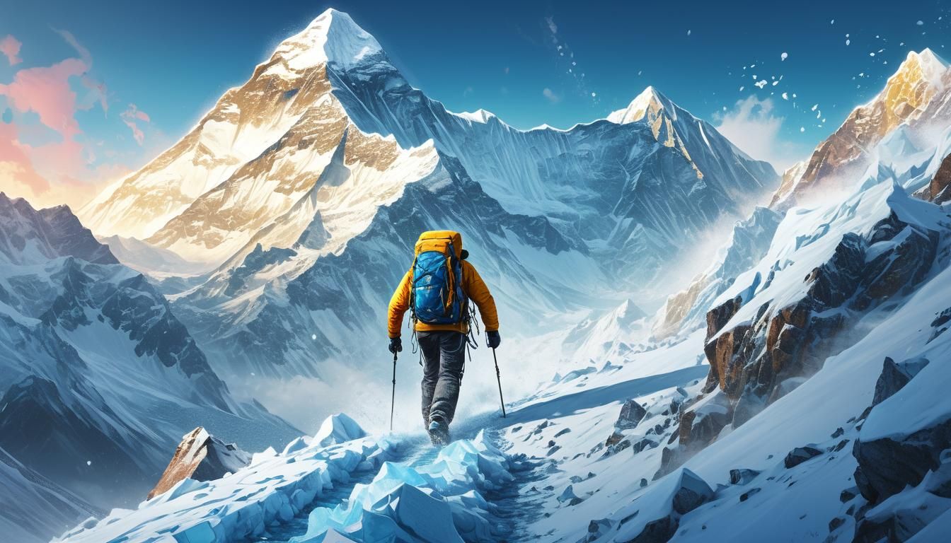 Climber Ascends Everest in Hyperrealistic Splash Art