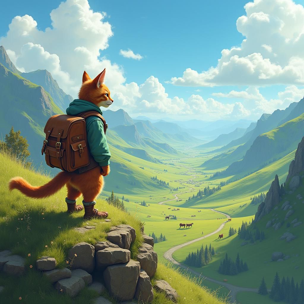 Traveller Cat Overlooks Emerald Valley: Matte Painting