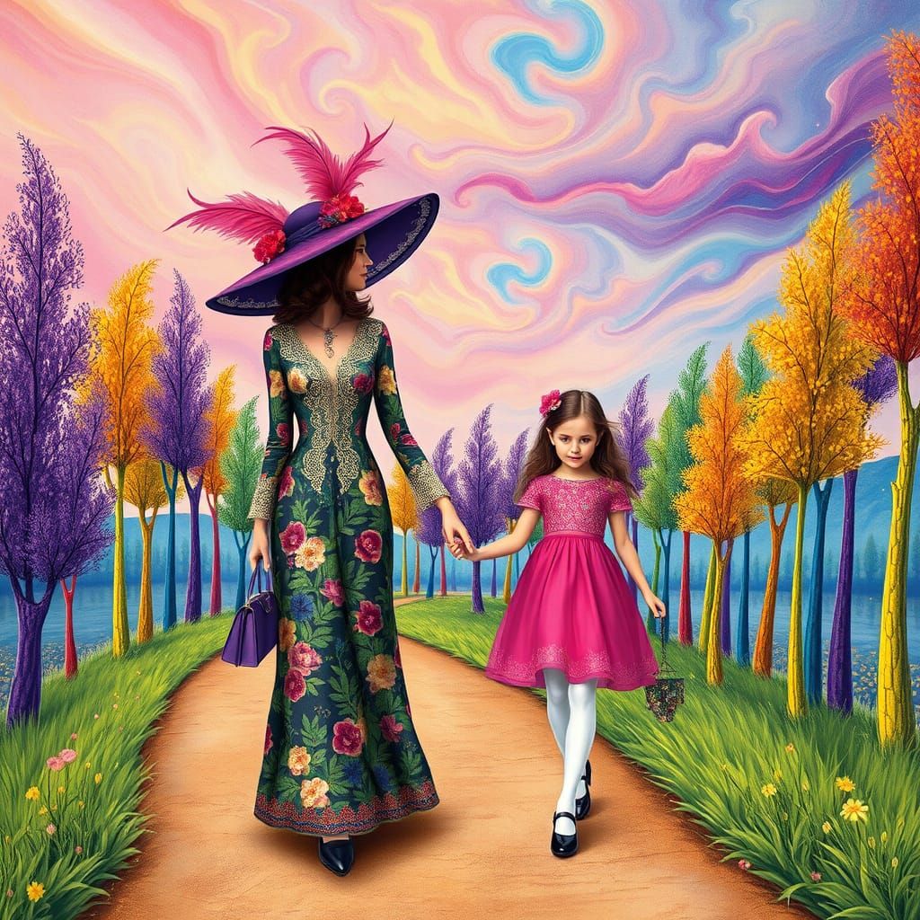 Mother and Daughter Stroll Under Fantastical Multicolored Sk...