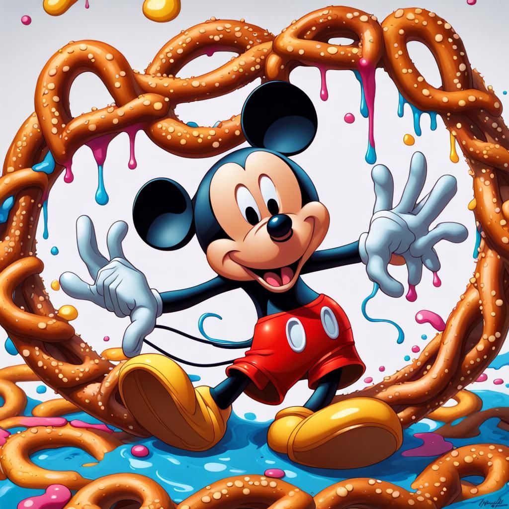 Cartoon style, cartoon pretzel mickey mouse in a pretzel fan...