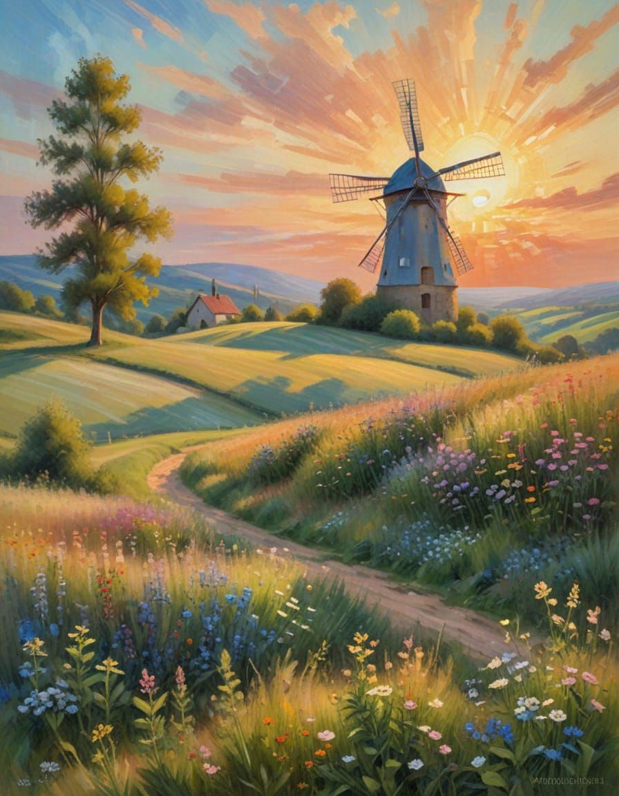 Windmill on Wildflower Hill at Golden Hour, Impressionistic ...