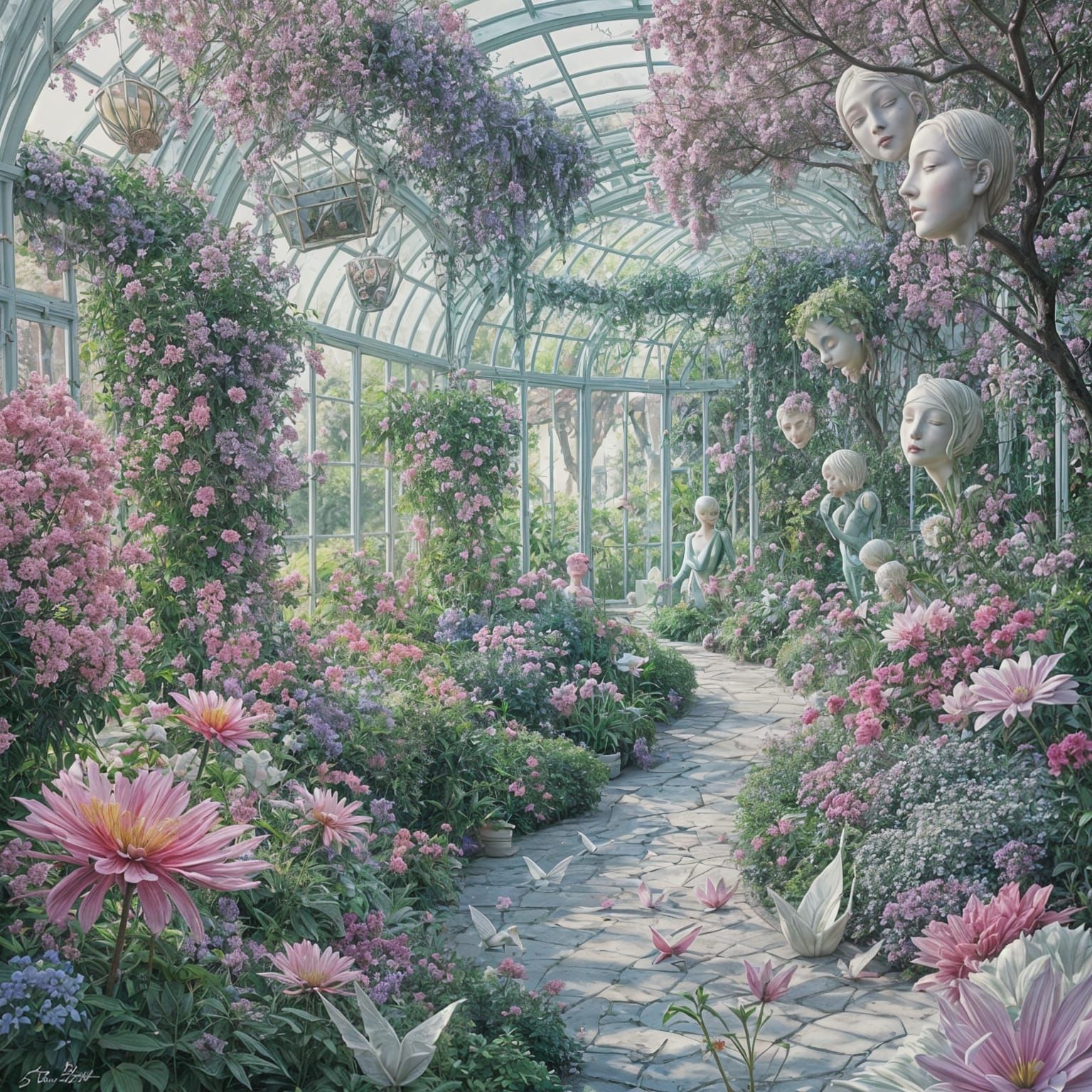 Dadaist Dreamscape: Surreal Glasshouse Garden in Airbrush St...