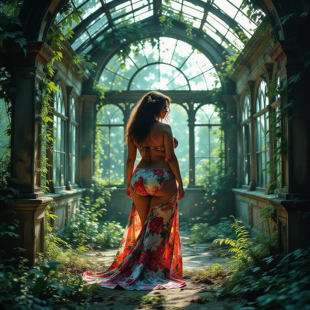 Woman in Bikini Amidst Overgrown Victorian Greenhouse Ruins