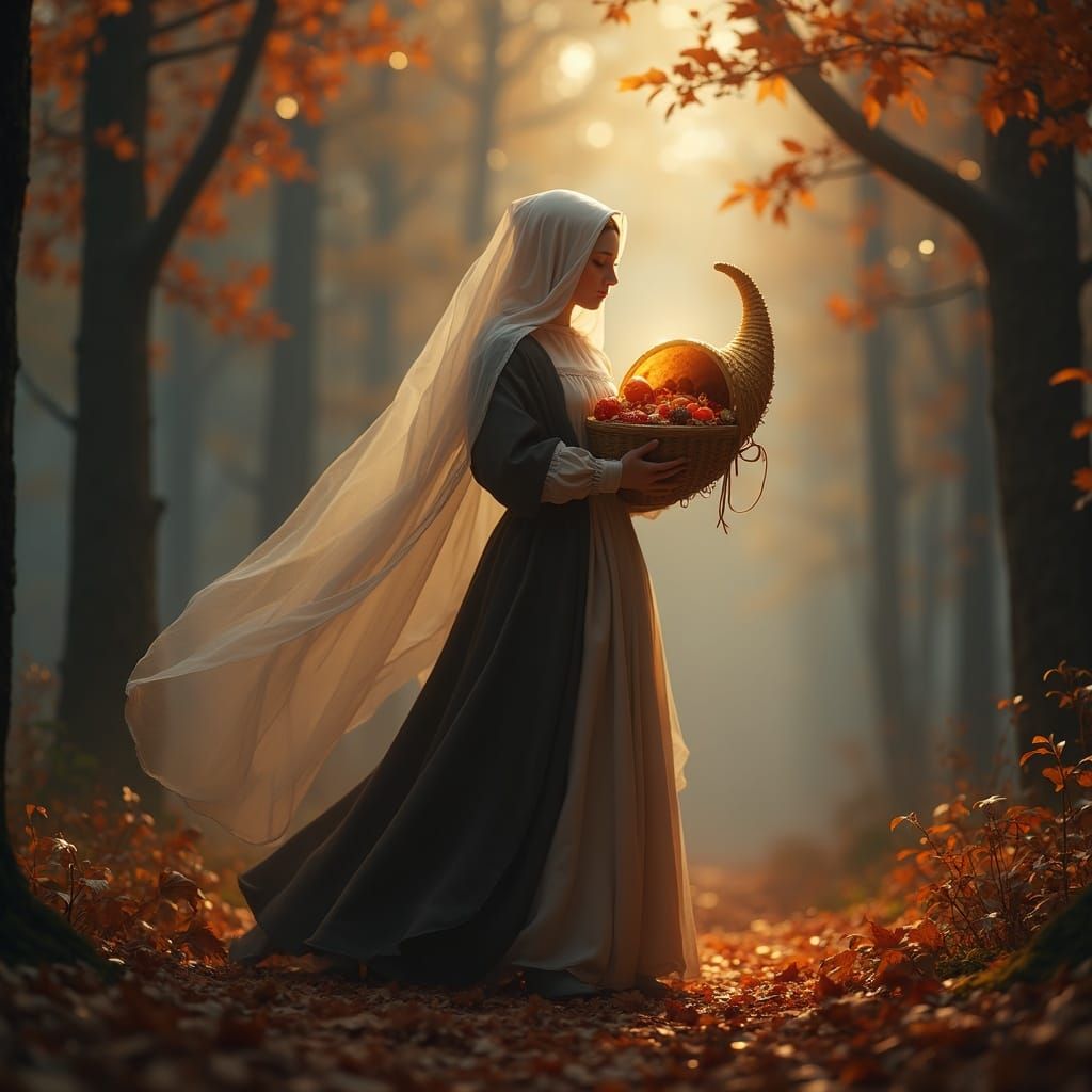 Ghostly Pilgrim Woman with Cornucopia in Misty Forest