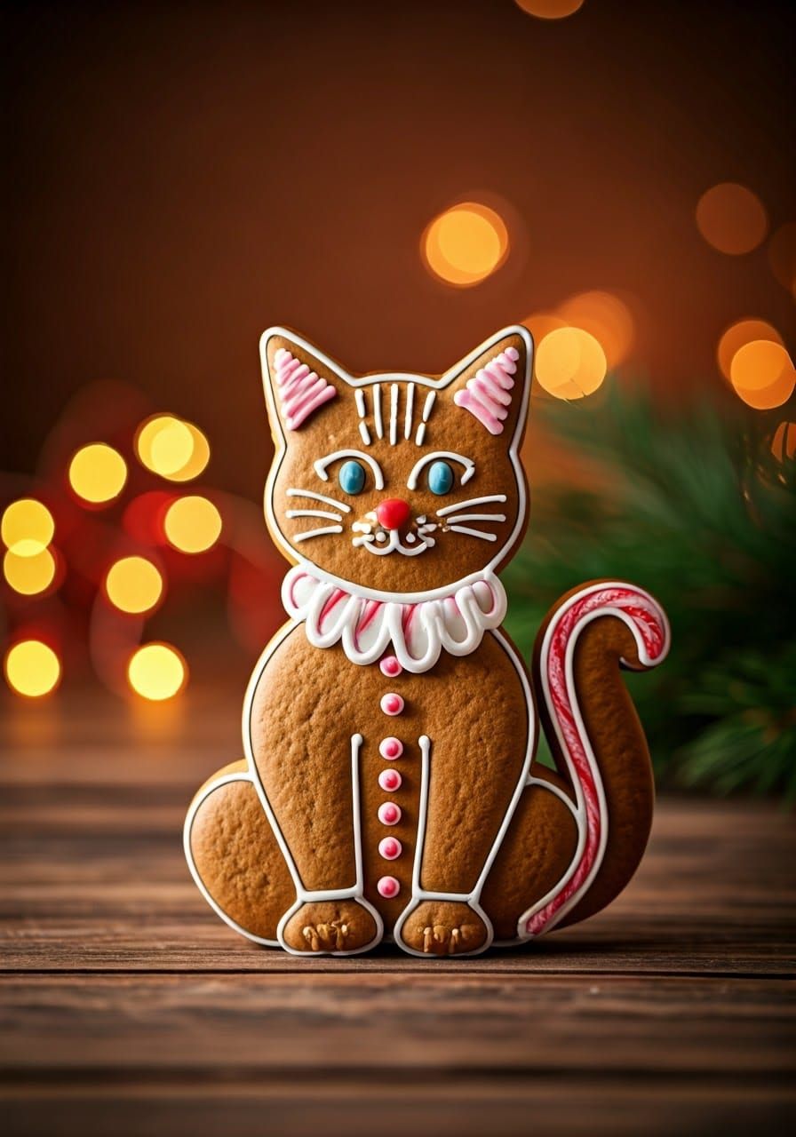 A cat made out of gingerbread wearing an icing Santa Claus suit