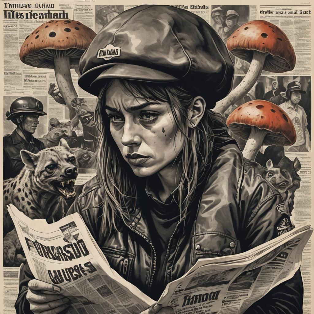 Mushroom-Headed Woman Reads Shocking News: Surreal Illustrat...