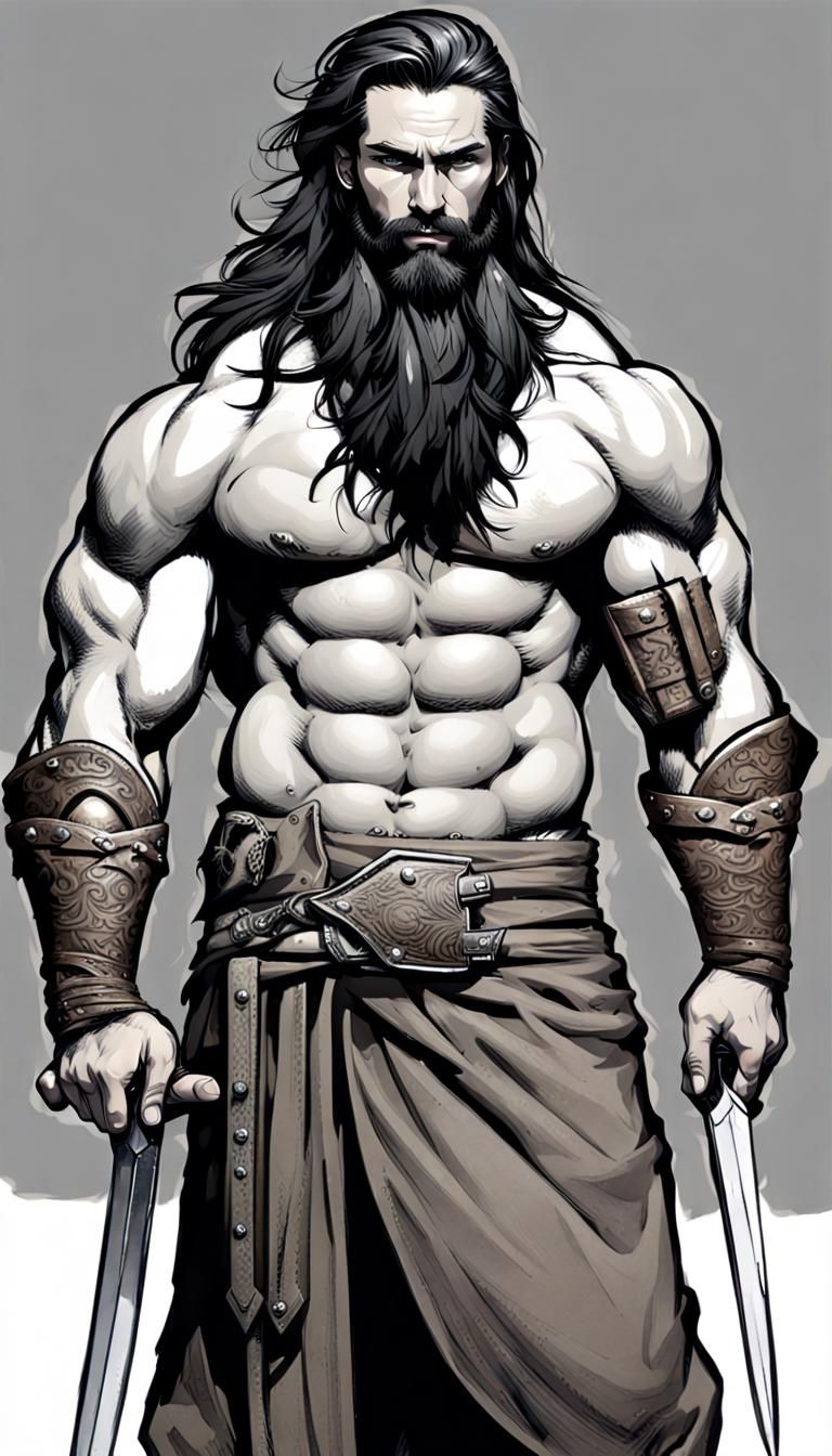 Handsome Muscular Warrior with Black Beard