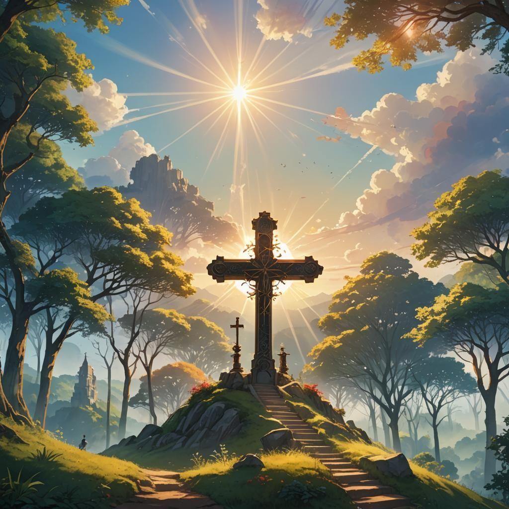 Anime Cross on Hill in Golden Light
