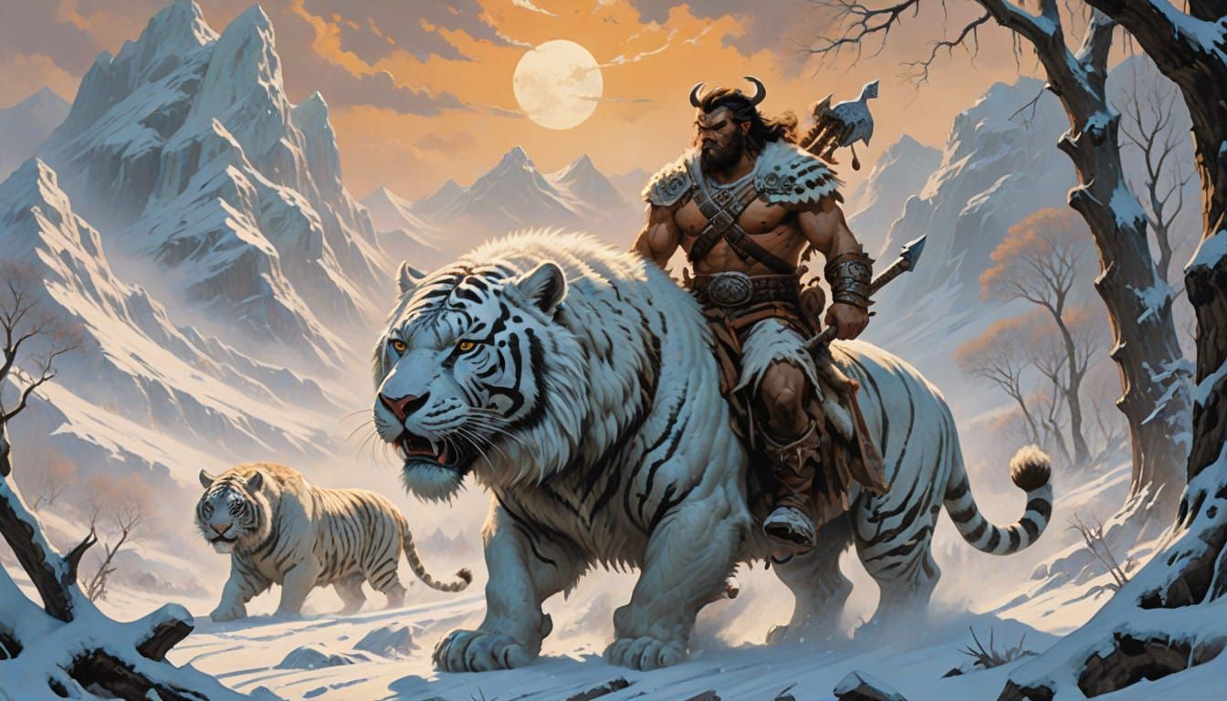 Barbarian Rides Majestic White Tiger Through Frosty Tundra i...