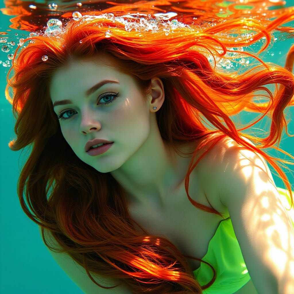 woman with red-orange hair underwater