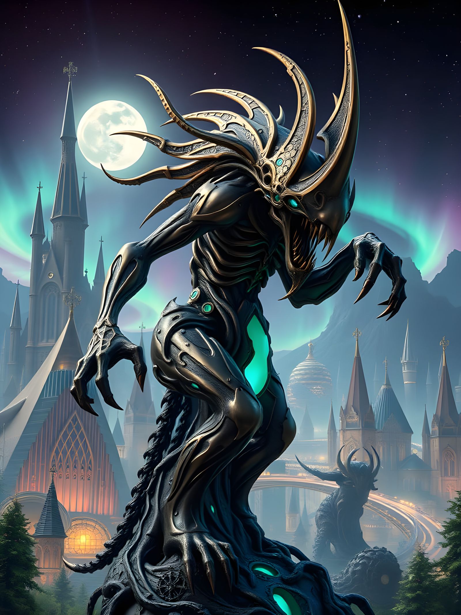 Majestic Steampunk Wendigo Statue in Whimsical Dreamscape