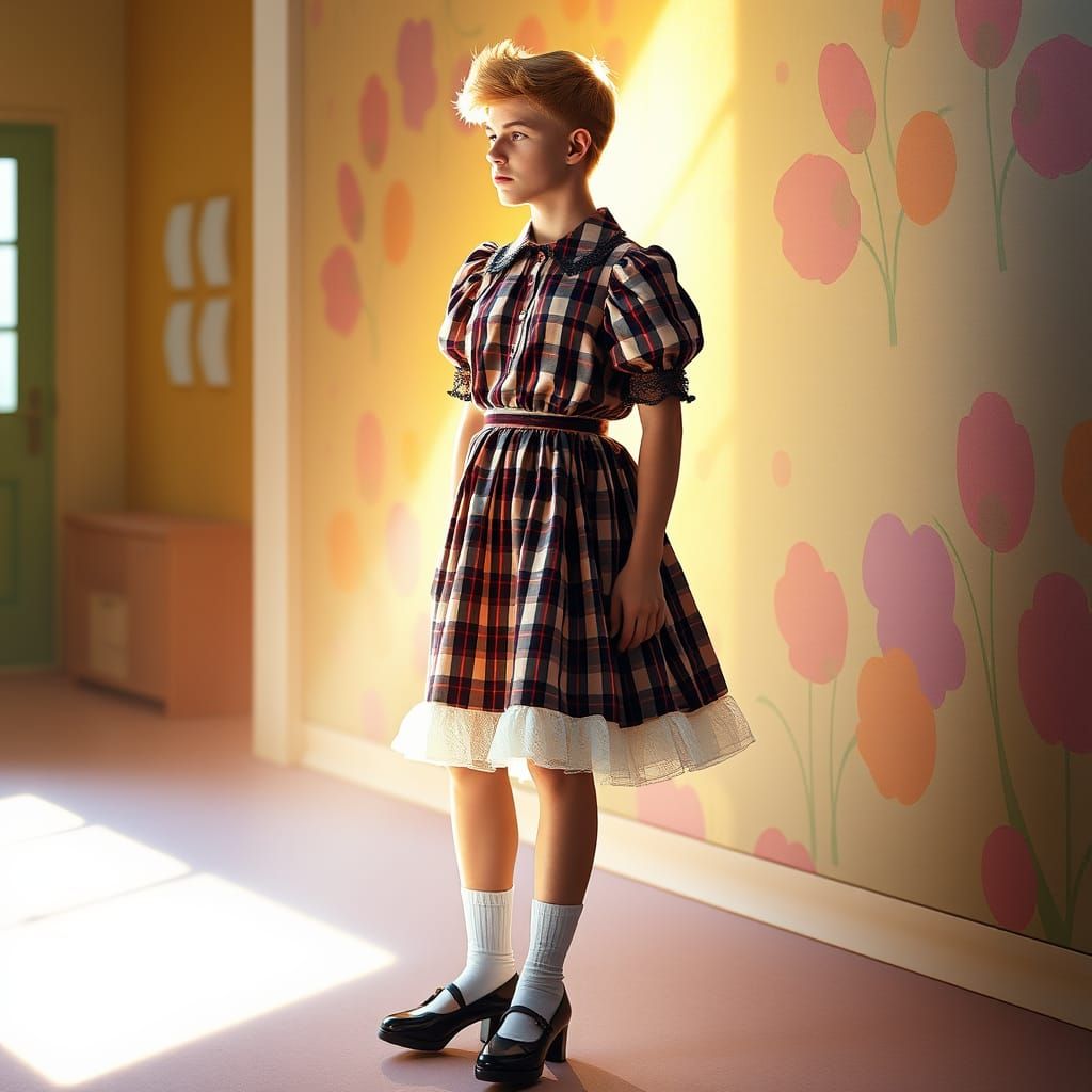 Masculine Young Man Crossdressing in Whimsical Plaid Dress
