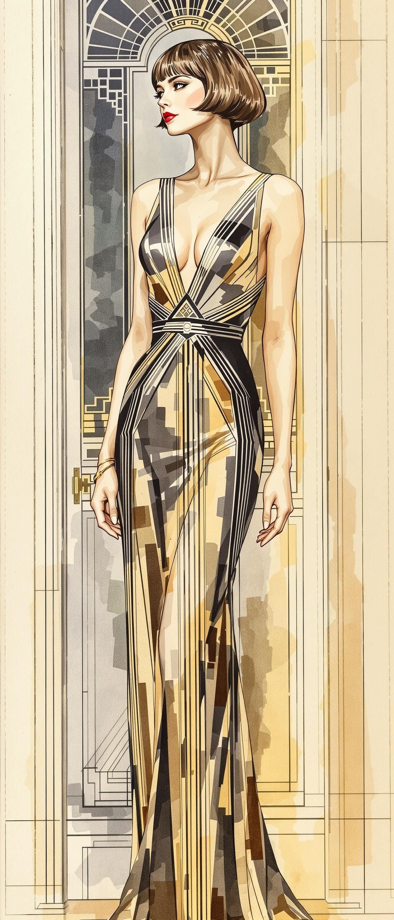 Architectural Sketch of Woman in Art Deco Dress