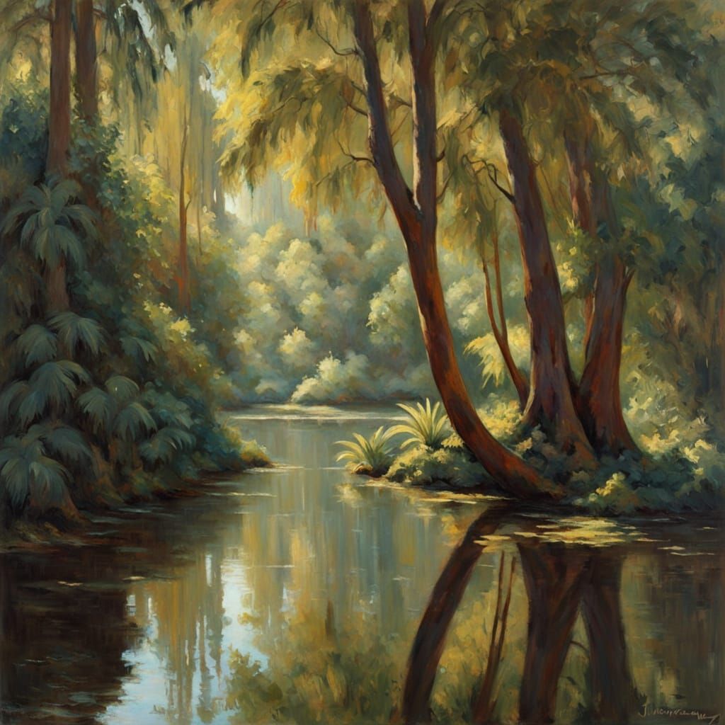 Tropical Jungle Mirrored Reflection as Oil Painting