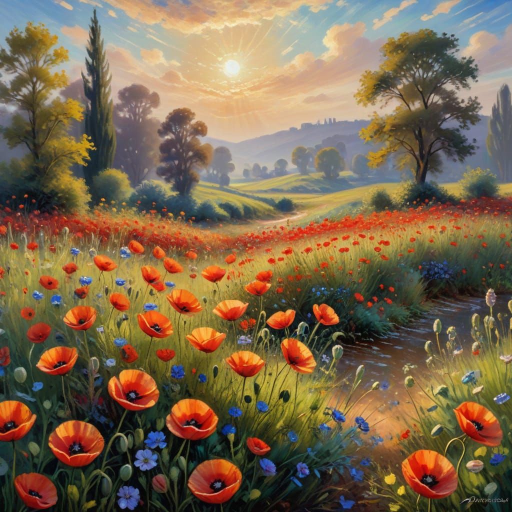 Vibrant Oil Painting of Poppy Field at Golden Hour