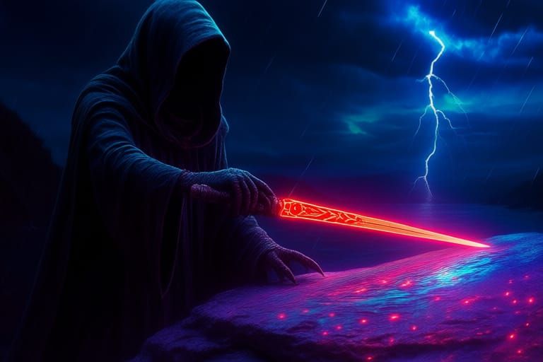 Monk Carving Runes Under Stormy Skies