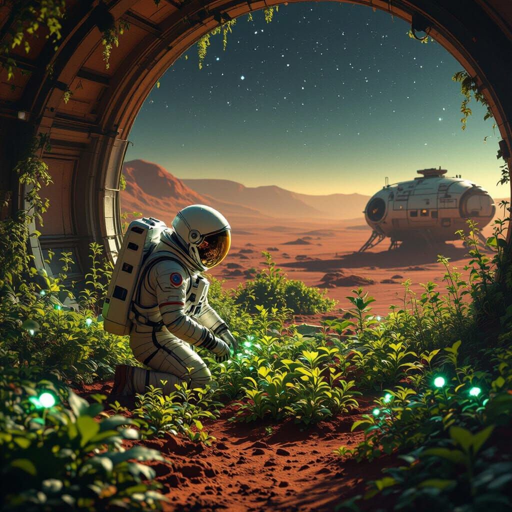 Bioluminescent Garden on Mars: Hyperrealistic Astronaut