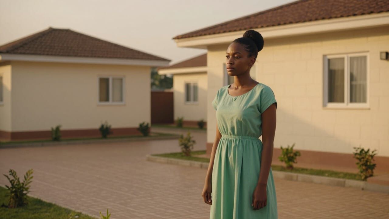 Nigerian Compound at Sunset with Reflective Young Woman