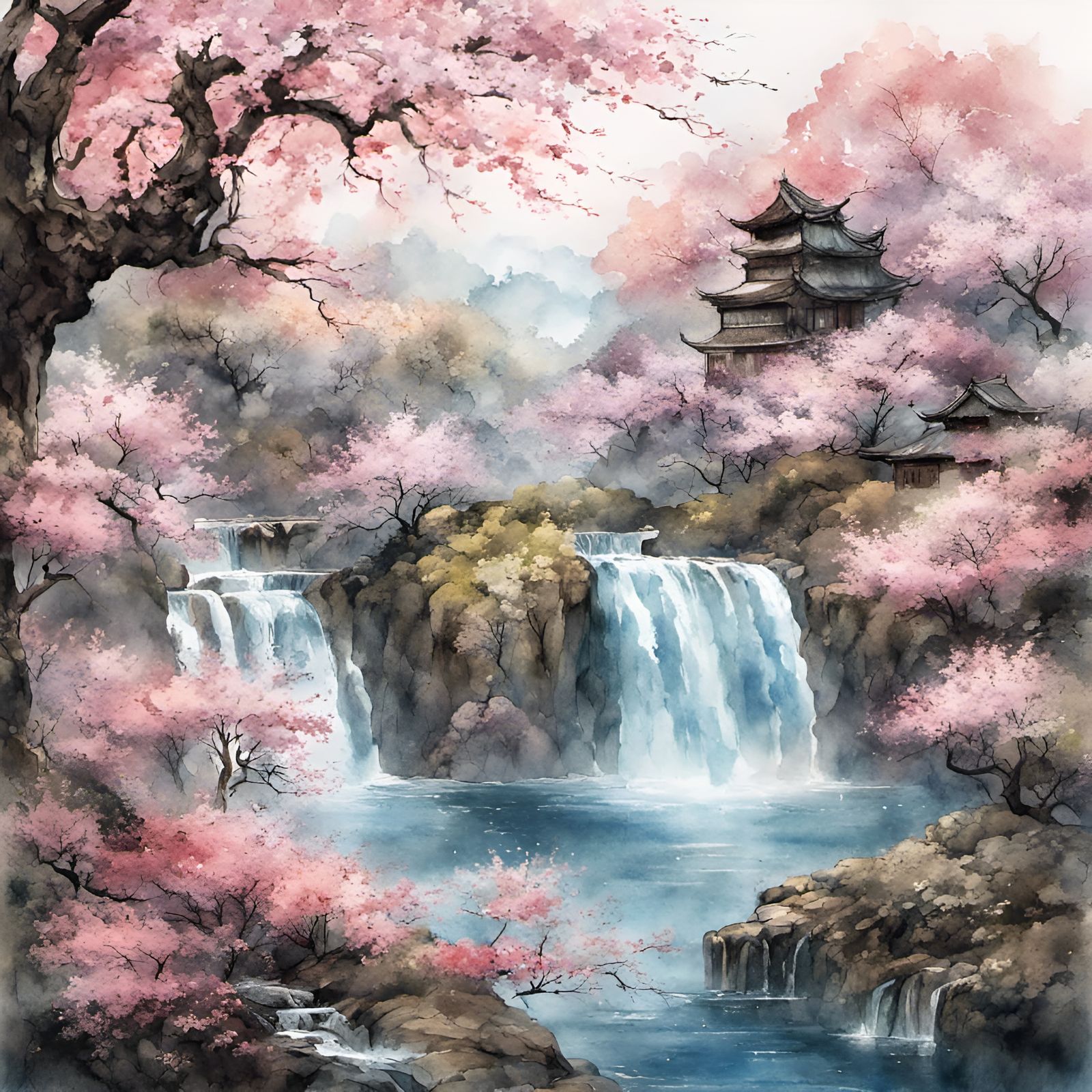 Sakura Trees in Blossom: Watercolor and Ink Landscape