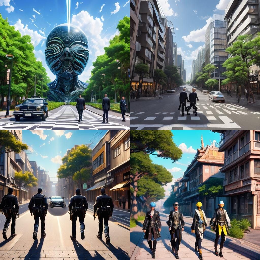 Men Crossing Street in Anime Art Style