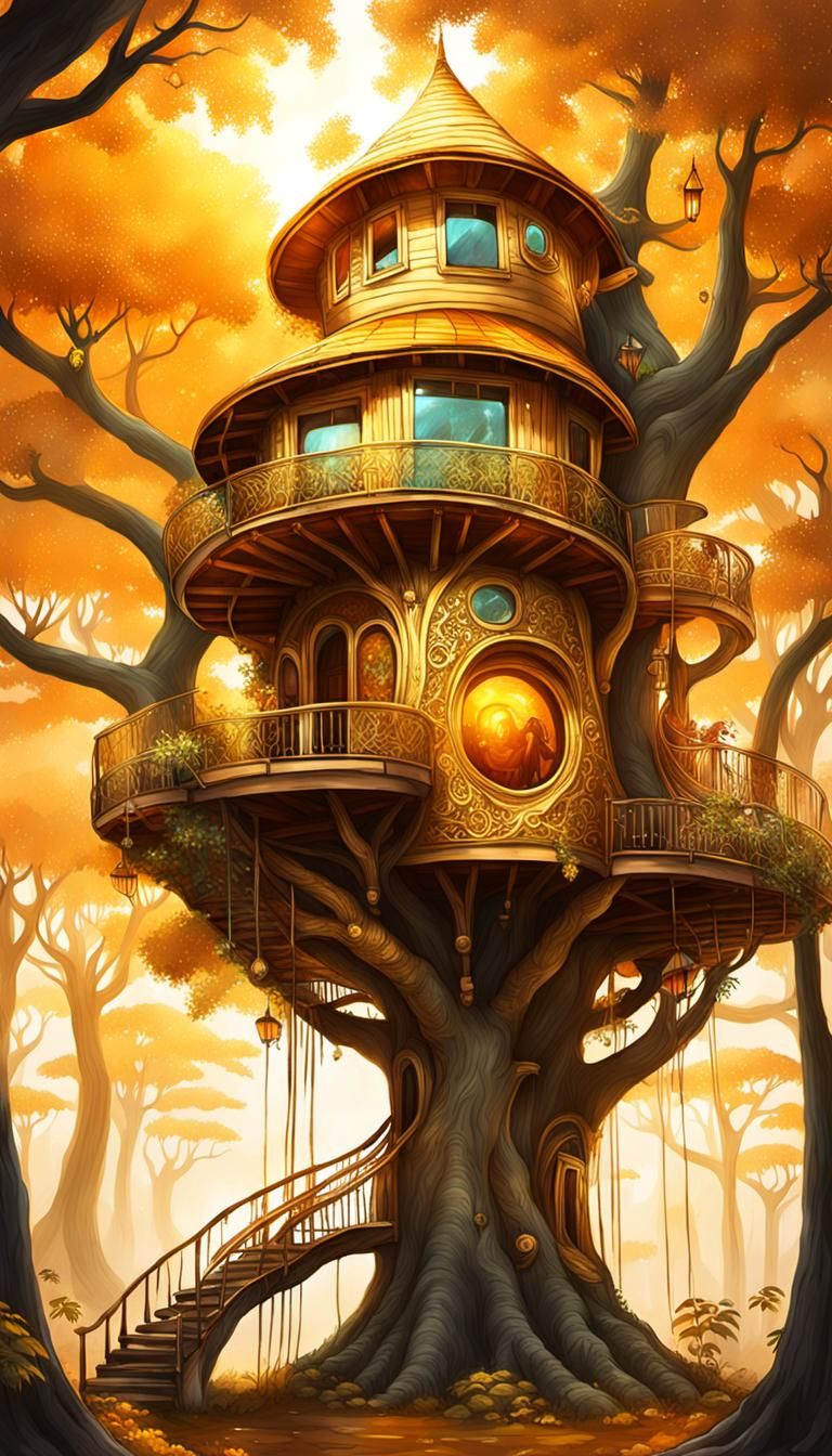 Ethereal Treehouse in Cosmic Amber and Gold