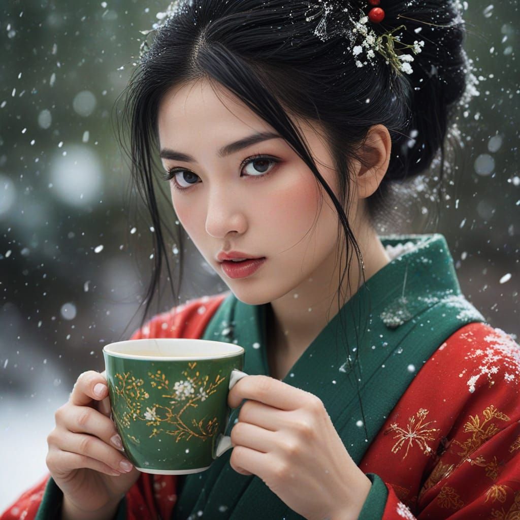 Geisha in Kimono Watching Snowfall: Hyperrealistic Oil Paint...