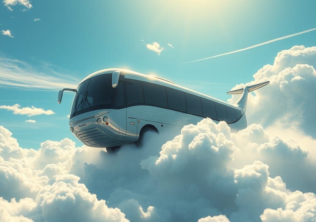 Whale Bus Rides Cloud Waves in Anime Style