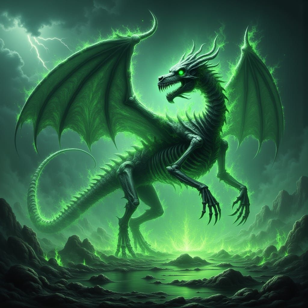 Dragon Skeleton Emerges From Green Fire in Digital Artwork