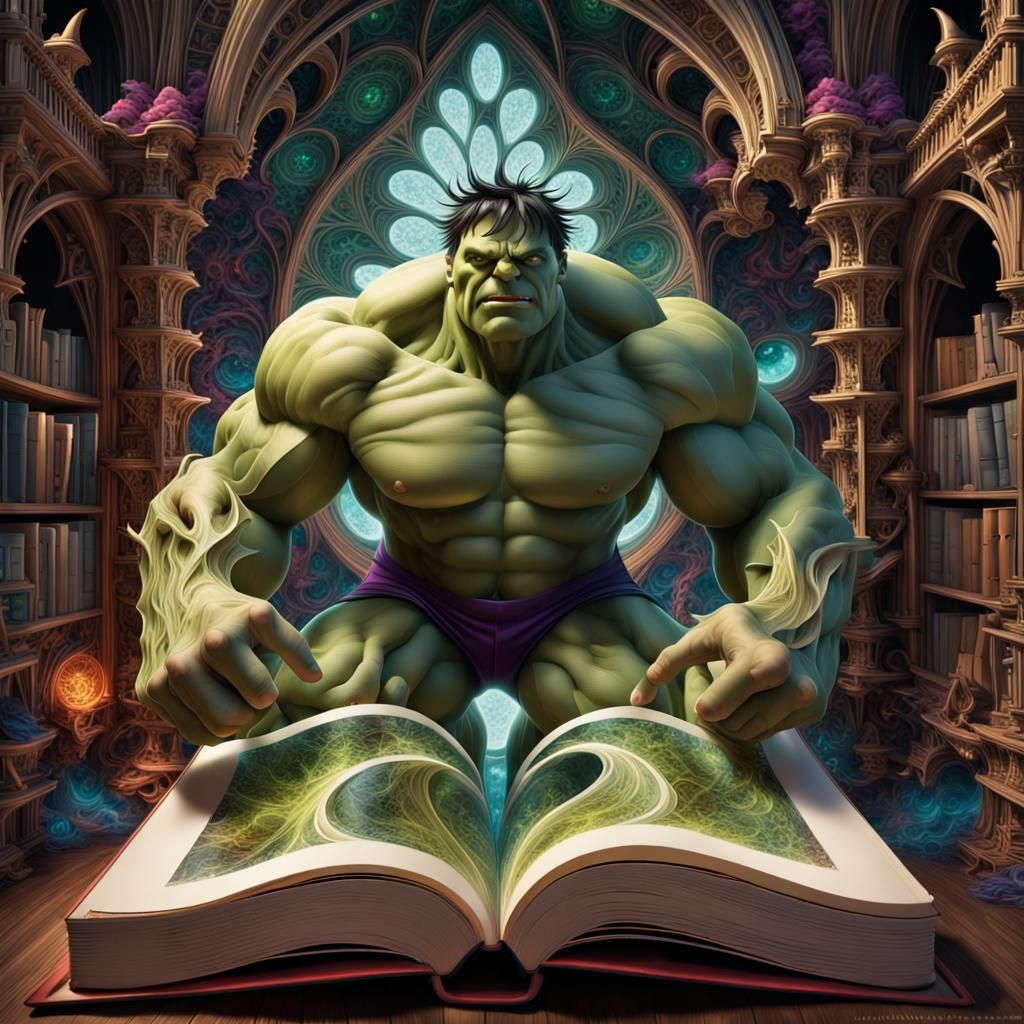 The superhero Hulk coming to life out of the book pages