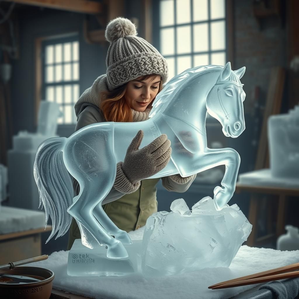 Woman Sculpting Ice Horse in Workshop