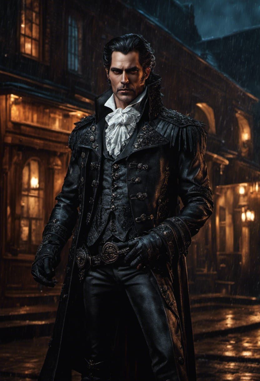 Rococo Vampire Outside Saloon on a Rainy Night
