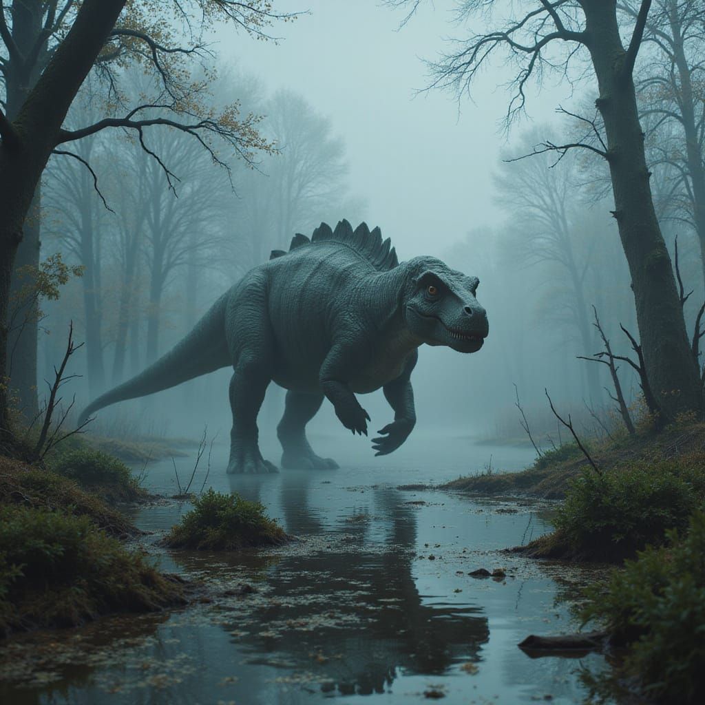 Allosaurus in Misty Swamp: Fantasy Concept Art