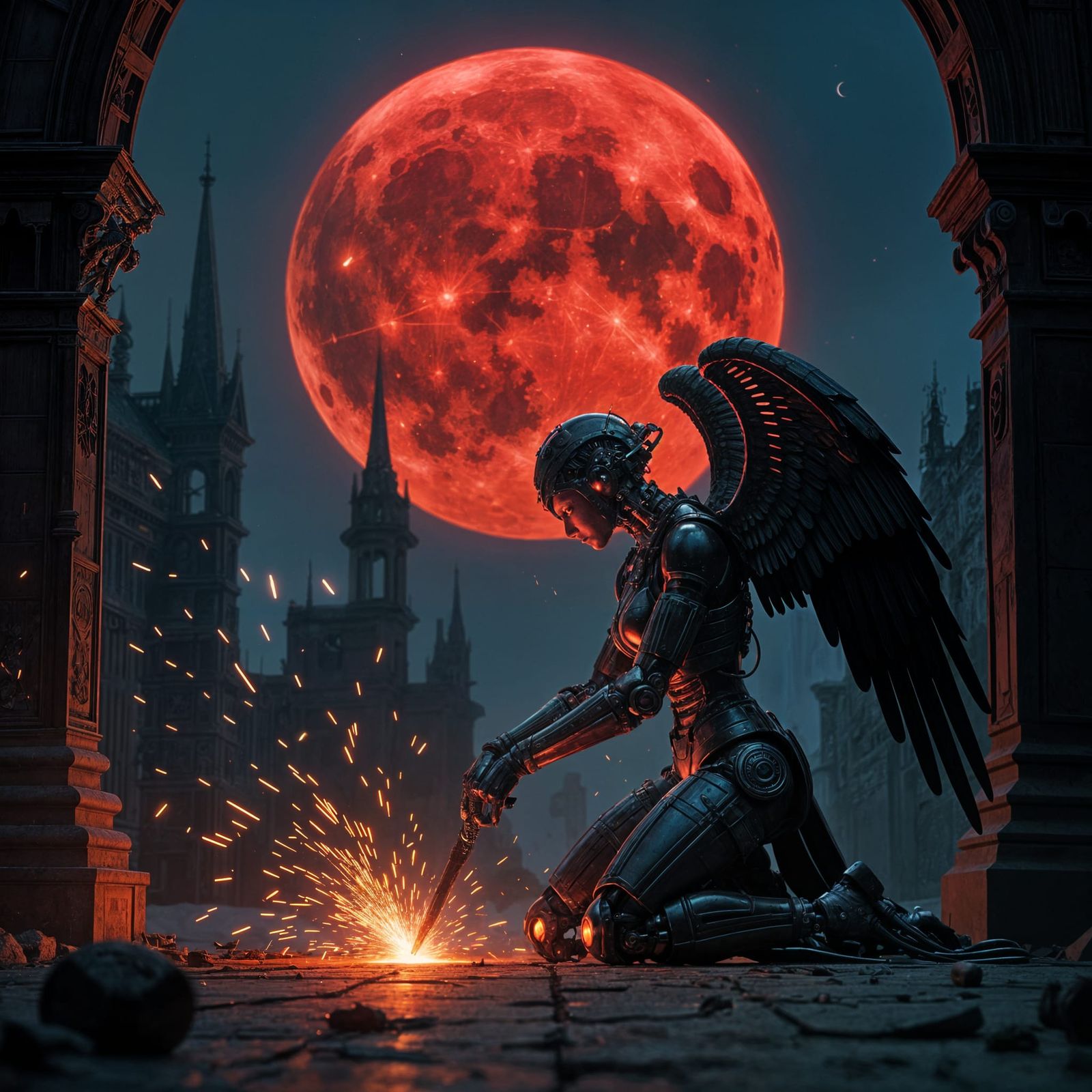 Gothic Cyberpunk Angel Under Blood Moon