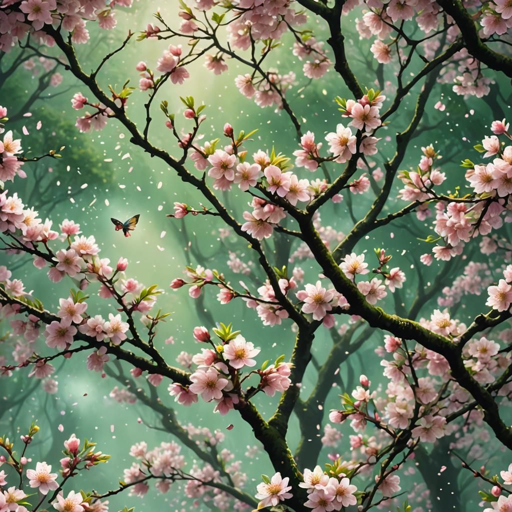 Pixelated Cherry Blossom Tree in Digital Fantasy Style