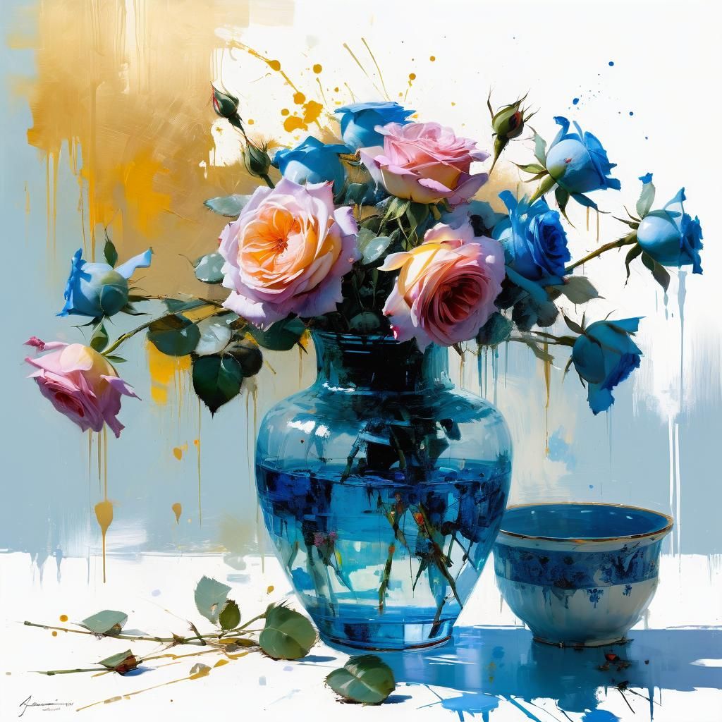 Vase of Blue Roses: Impressionistic Fine Art