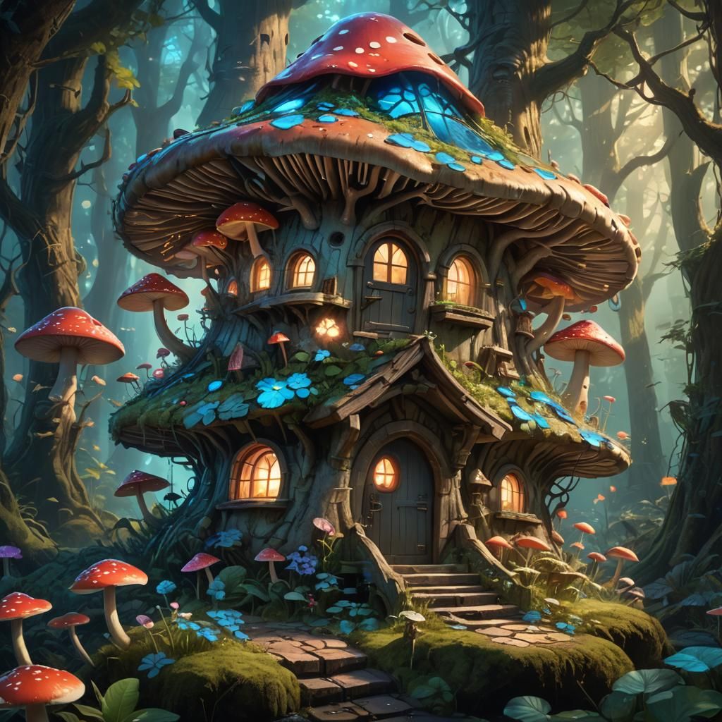 Enchanted Mushroom Home in Bioluminescent Forest