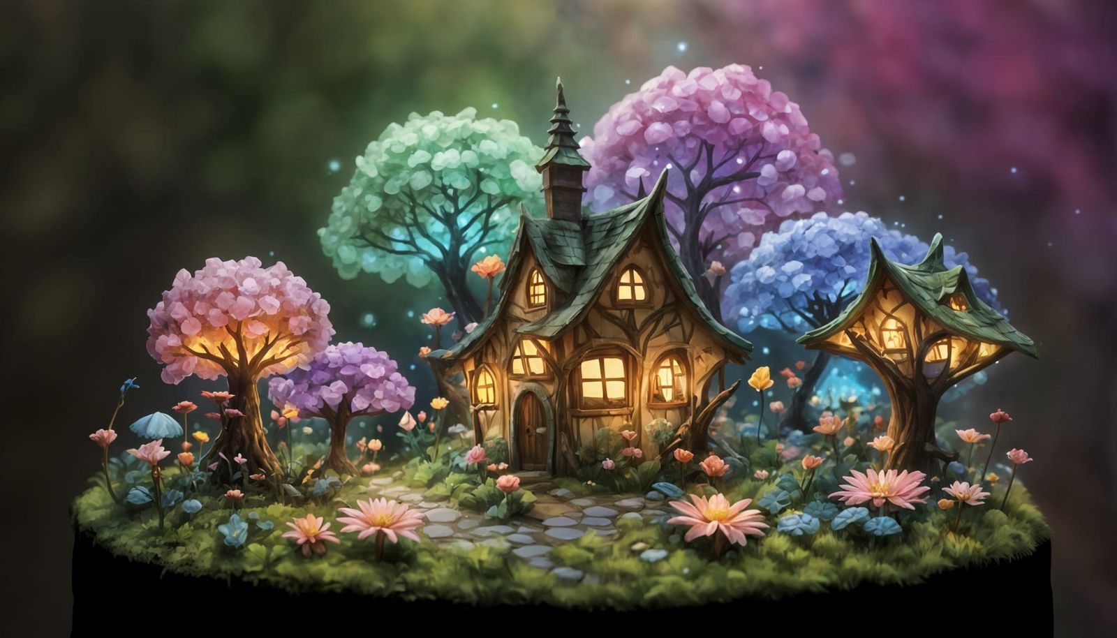 Magical Fairy Village Among Glowing Flowers