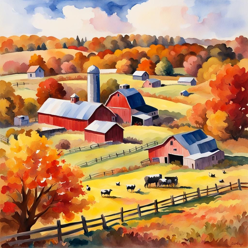 Colorful Autumn Farm in Gouache Watercolor Style