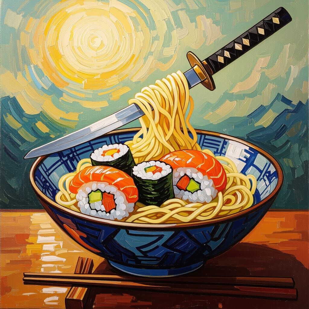 Sushi Warrior Battles Noodles in Vibrant Oil Painting