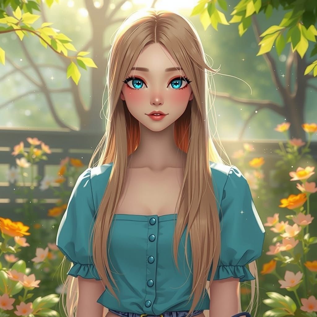 Breathtaking Anime Heroine in Turquoise Shirt Amidst Whimsic...