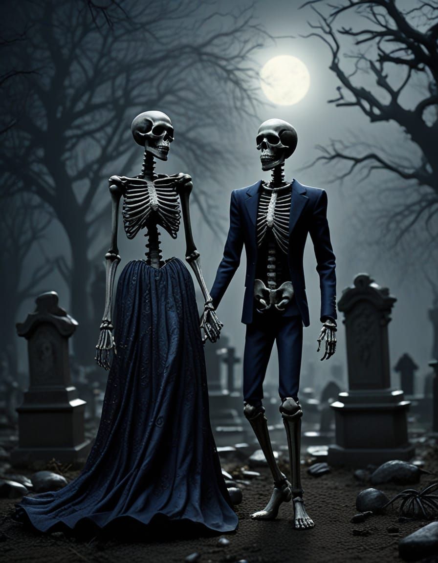 Ethereal Skeletons Waltz Under Moonlit Cemetery Skies